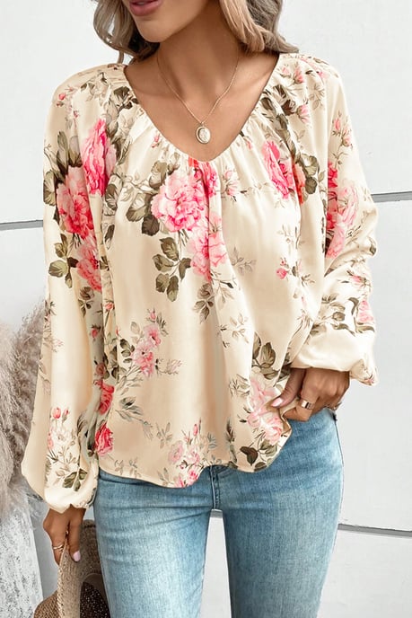 Beige Bluse mit floralem Druck, Lantern-Ärmeln und V-Ausschnitt - Image 2