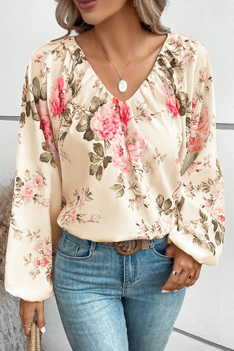 Beige Bluse mit floralem Druck, Lantern-Ärmeln und V-Ausschnitt - Image 3