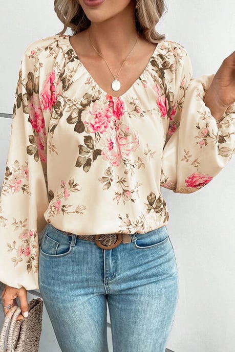 Beige Bluse mit floralem Druck, Lantern-Ärmeln und V-Ausschnitt - Image 4