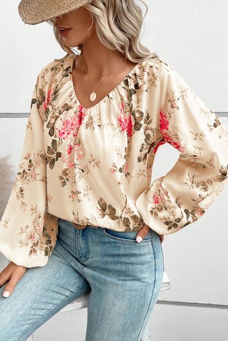 Beige Bluse mit floralem Druck, Lantern-Ärmeln und V-Ausschnitt - Image 5