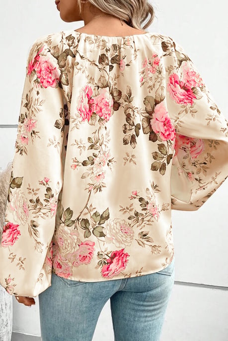 Beige Bluse mit floralem Druck, Lantern-Ärmeln und V-Ausschnitt - Image 6