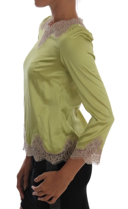 Limonengrüne Seidenbluse mit Spitzenbesatz - Image 2