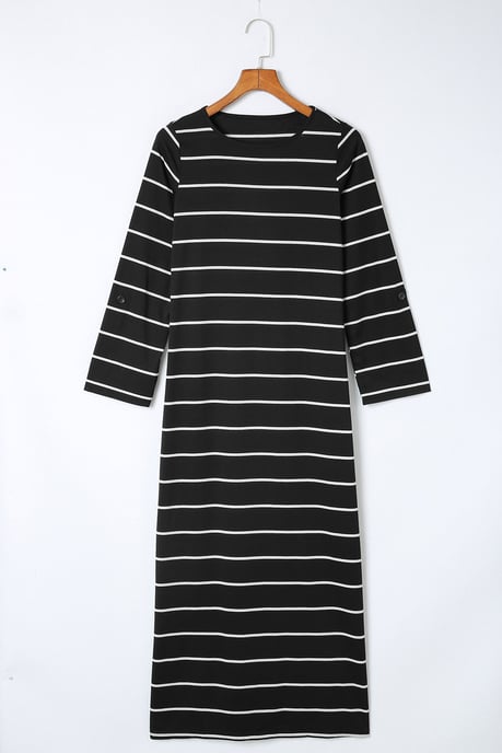 Schwarz Gestreiftes Lässiges Schlitzlangkleid - Image 2