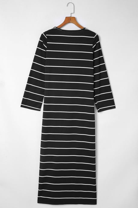 Schwarz Gestreiftes Lässiges Schlitzlangkleid - Image 6