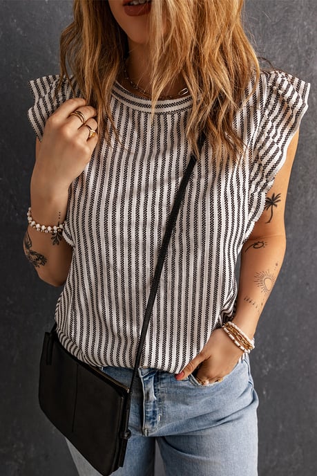 Graues Rüschendetail gestreiftes Tanktop mit Rundhalsausschnitt - Image 1
