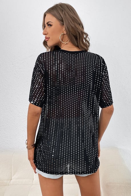 Schwarzes Pailletten-Drop-Shoulder-Transparenz-T-Shirt - Image 2