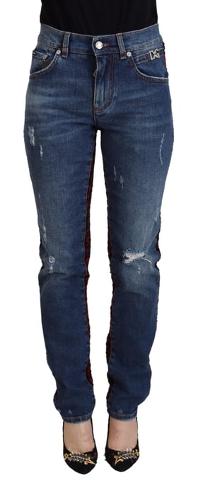 Zerrissene Denim-Jeans Rot Schwarz Karomuster - Image 1