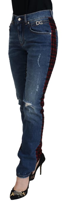 Zerrissene Denim-Jeans Rot Schwarz Karomuster - Image 2