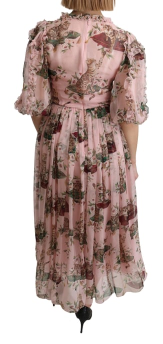 Katze Print Seiden Midi Kleid - Image 4