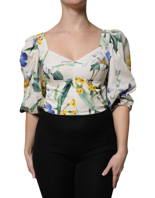 Blumengemusterte Puffärmel-Popelin-Bluse - Image 1
