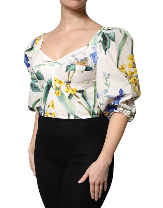 Blumengemusterte Puffärmel-Popelin-Bluse - Image 3