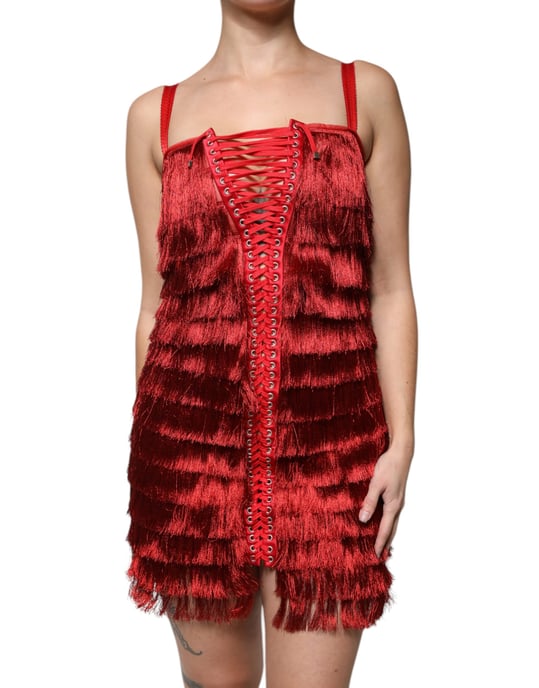 Fransenkleid Mini Rot Schnürung - Image 2