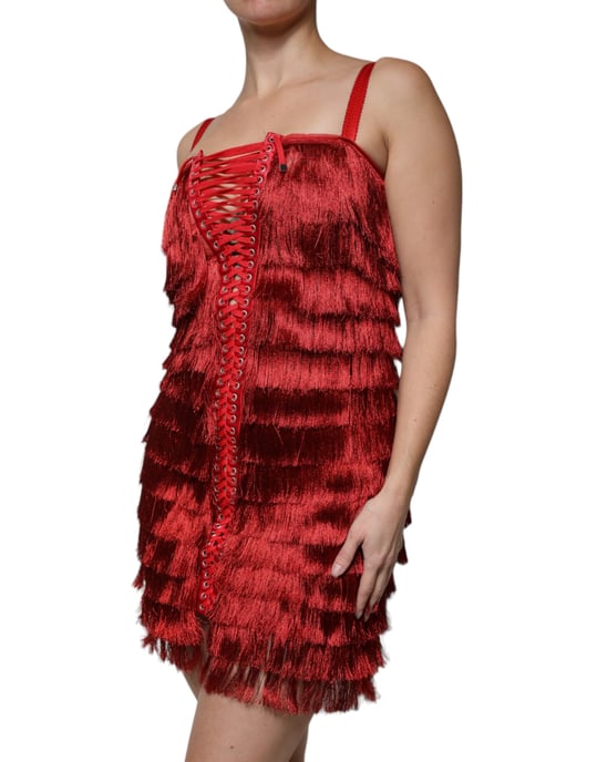 Fransenkleid Mini Rot Schnürung - Image 3