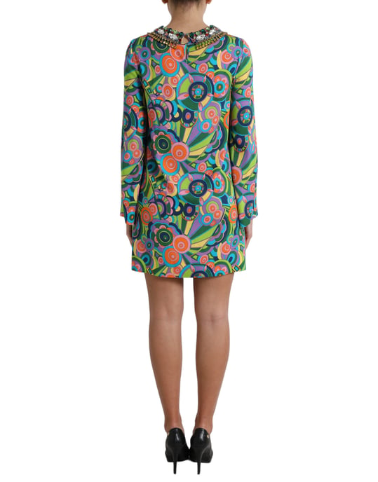 Op Art Mini Kleid mit Juwelenkragen und langen Ärmeln - Image 3