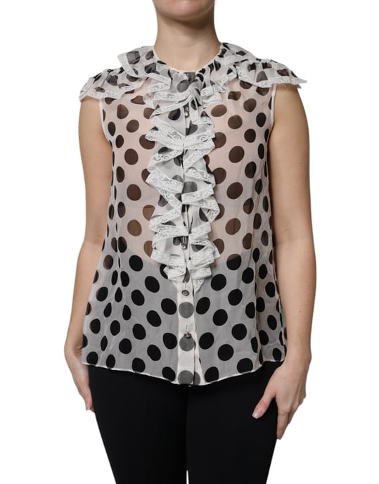 Dolce & Gabbana Seidenbluse mit Punkten und Rüschenkragen - Weiß - Image 1