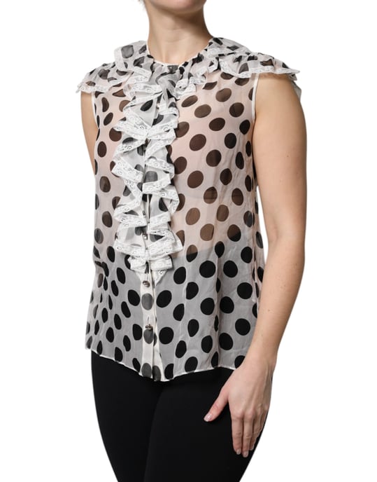 Dolce & Gabbana Seidenbluse mit Punkten und Rüschenkragen - Weiß - Image 3