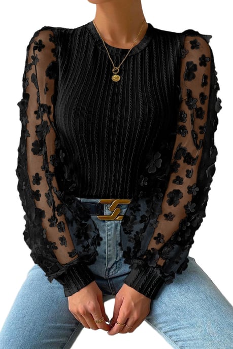 Schwarze Blumenausschneide-Mesh-Ärmel Strukturstrick-Bluse - Image 2