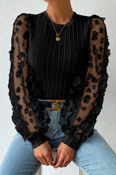 Schwarze Blumenausschneide-Mesh-Ärmel Strukturstrick-Bluse - Image 3