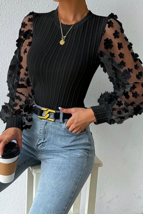 Schwarze Blumenausschneide-Mesh-Ärmel Strukturstrick-Bluse - Image 4