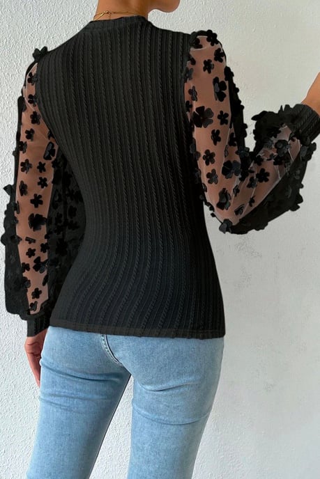 Schwarze Blumenausschneide-Mesh-Ärmel Strukturstrick-Bluse - Image 5