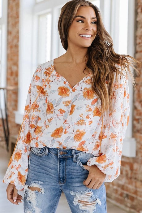 Weiße Quastenbindeschnürung V-Ausschnitt Bluse mit Puffärmeln und Blumenmuster - Image 2