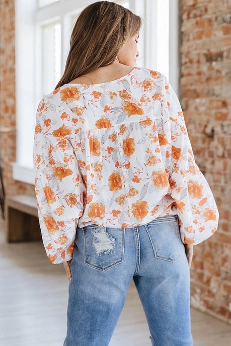 Weiße Quastenbindeschnürung V-Ausschnitt Bluse mit Puffärmeln und Blumenmuster - Image 3