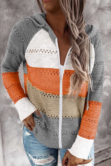 Graue Farbblock-Hoodie mit Reißverschluss und Ausschnitten - Image 2