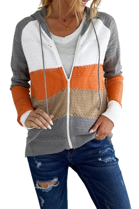 Graue Farbblock-Hoodie mit Reißverschluss und Ausschnitten - Image 4
