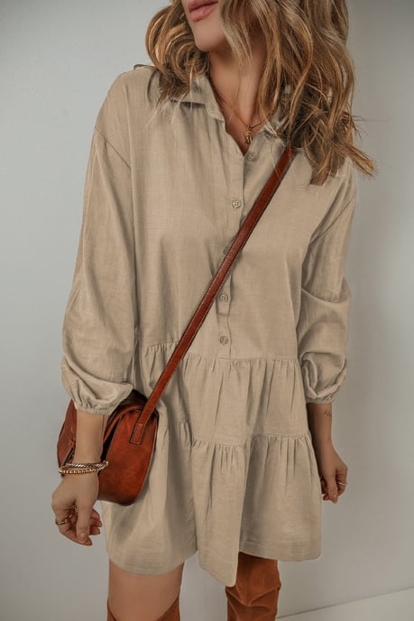 Beige Puffärmel Knopf-gestuftes Faltenhemd Mini Kleid - Image 2