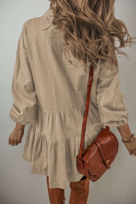 Beige Puffärmel Knopf-gestuftes Faltenhemd Mini Kleid - Image 3