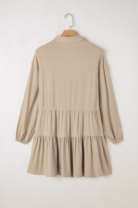 Beige Puffärmel Knopf-gestuftes Faltenhemd Mini Kleid - Image 5