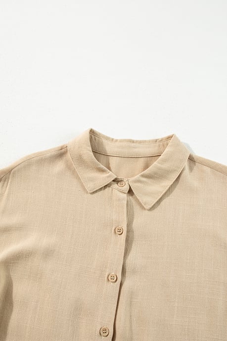 Beige Puffärmel Knopf-gestuftes Faltenhemd Mini Kleid - Image 6