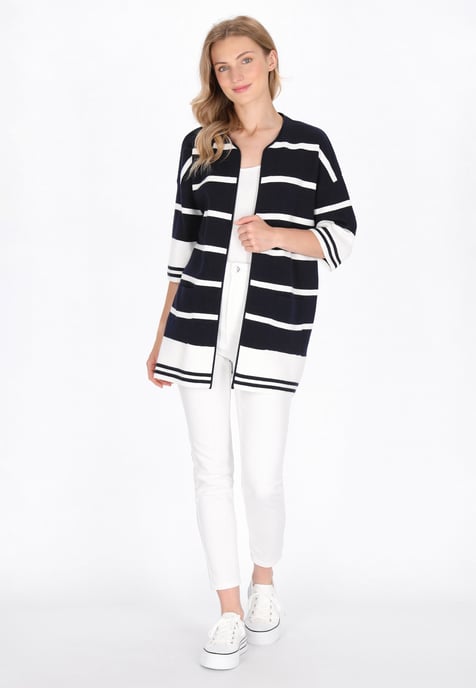 Dreimaster Strickjacke Frauen Marineblau, weiße Streifen - Image 2