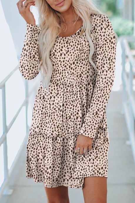 Leopardenmuster Tiered Langarmkleid - Image 1