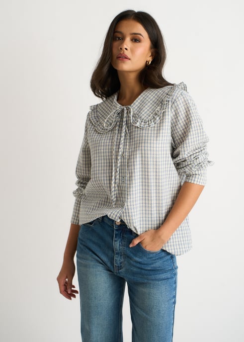 Blaues Gingham-Karohemd mit Peter Pan-Kragen - Image 3