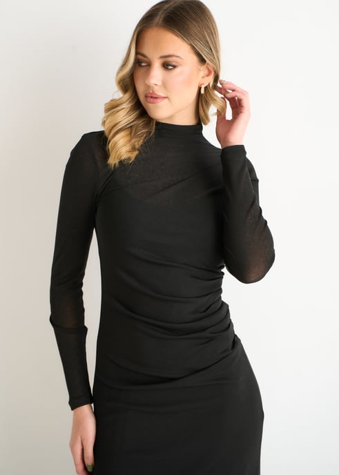 Schwarzes gerafftes Jersey Midikleid mit langen Ärmeln - Image 2