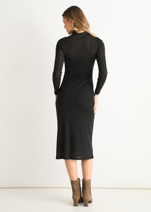 Schwarzes gerafftes Jersey Midikleid mit langen Ärmeln - Image 4