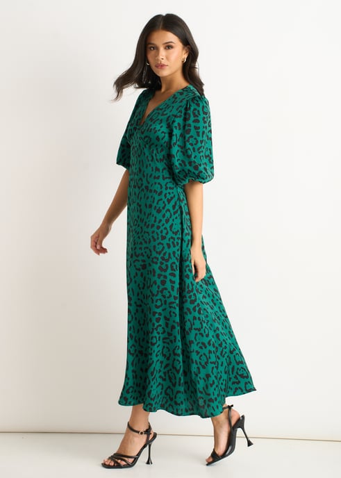 Grünes Satin-Midikleid mit Tiermuster - Image 3