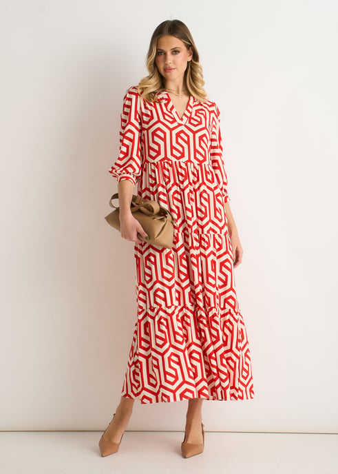 Rotes Geo Print Smock Maxikleid - Image 1