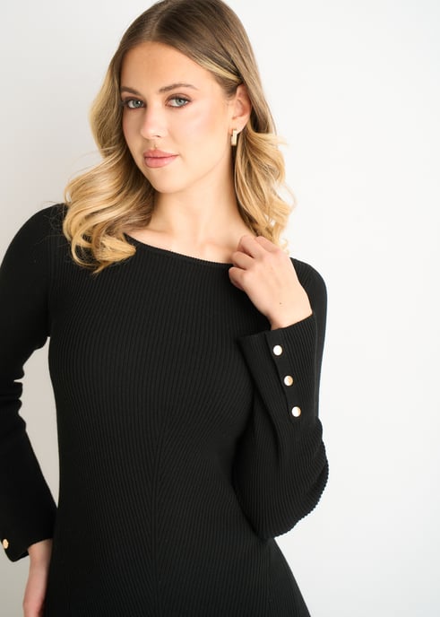 Schwarzes Strickkleid mit Schlitzausschnitt und Schlaghose - Image 2