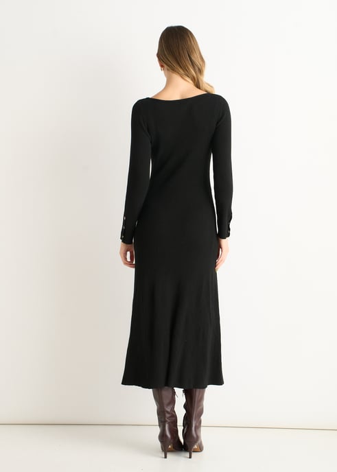 Schwarzes Strickkleid mit Schlitzausschnitt und Schlaghose - Image 4