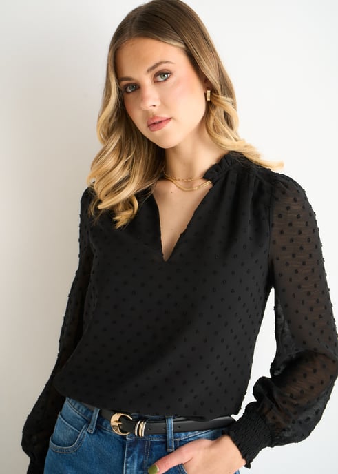 Schwarze Dobby Chiffon Bluse mit Rüschenausschnitt - Image 3