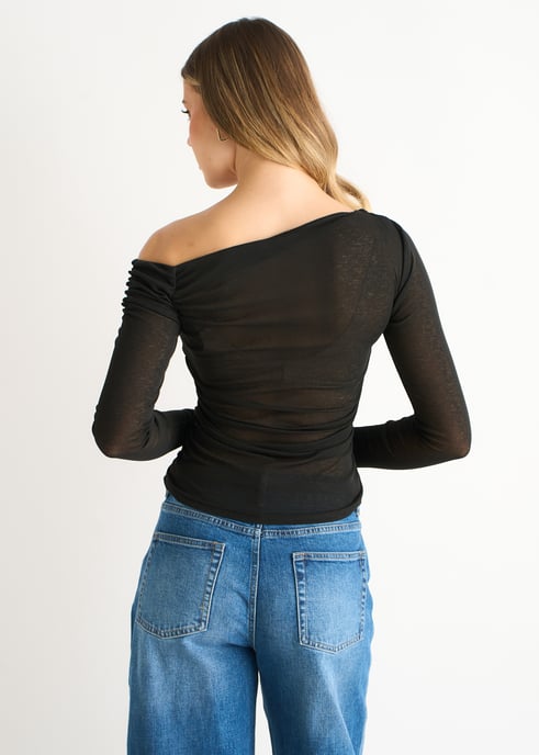 Schwarzes Jersey Top mit Schlitzausschnitt und langen Ärmeln - Image 4