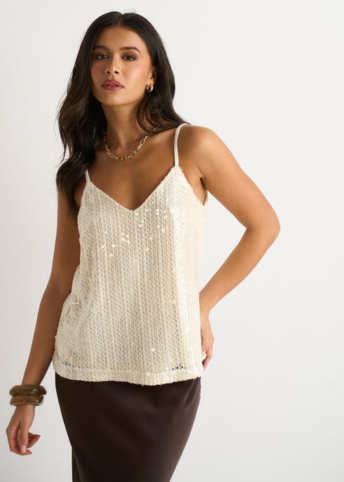 Cremefarbenes Pailletten-Cami-Top mit V-Ausschnitt - Image 1