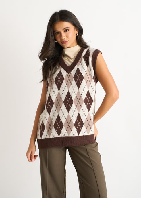 Pullover mit Argyle-Strickweste in Schokolade - Image 1