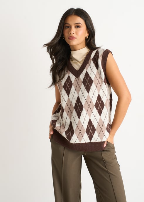 Pullover mit Argyle-Strickweste in Schokolade - Image 2