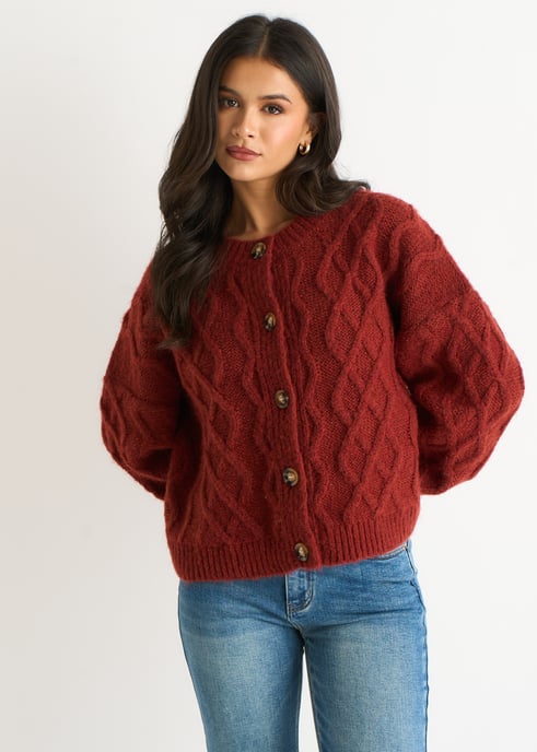 Rostfarbener Kabelstrick-Cardigan - Image 3