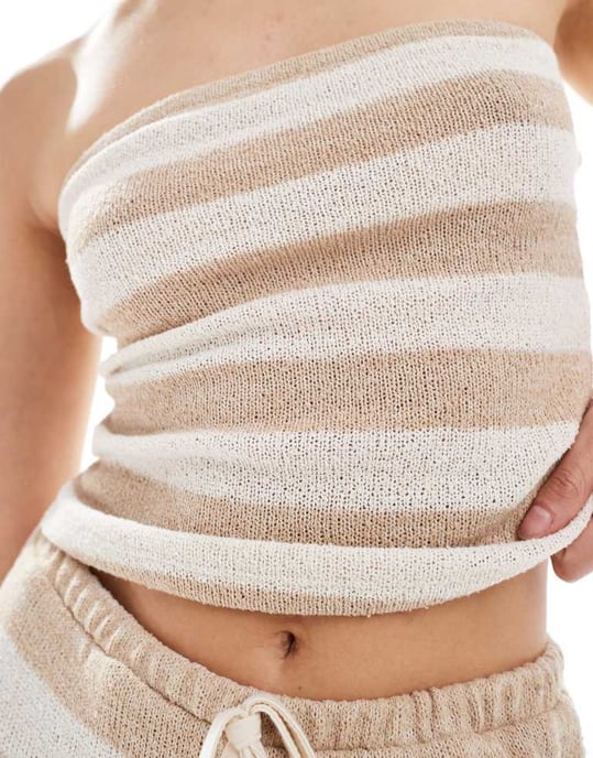 ASOS DESIGN virkad randig ärmhell top co ord i sten - Image 2