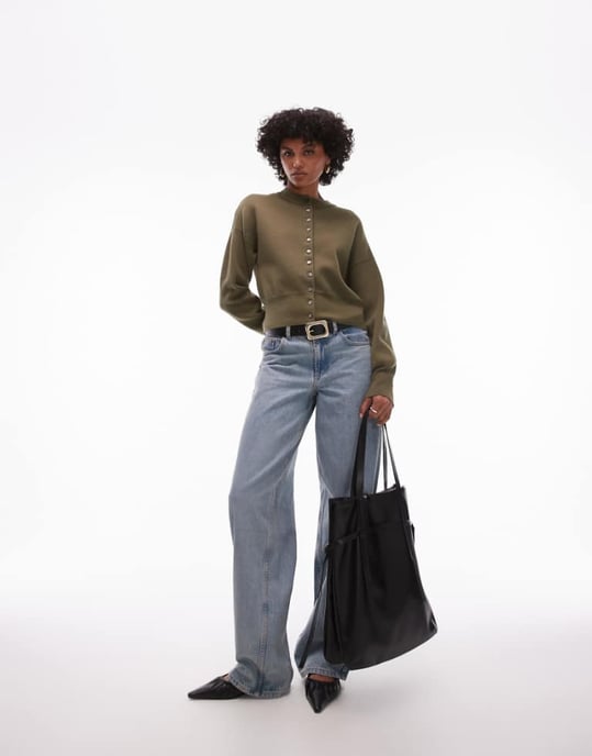 Topshop stickad komprimerad passande midjekort cardigan i khaki - Image 1