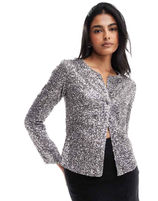 Never Fully Dressed paljettstickad cardigan i gunmetal - Image 2